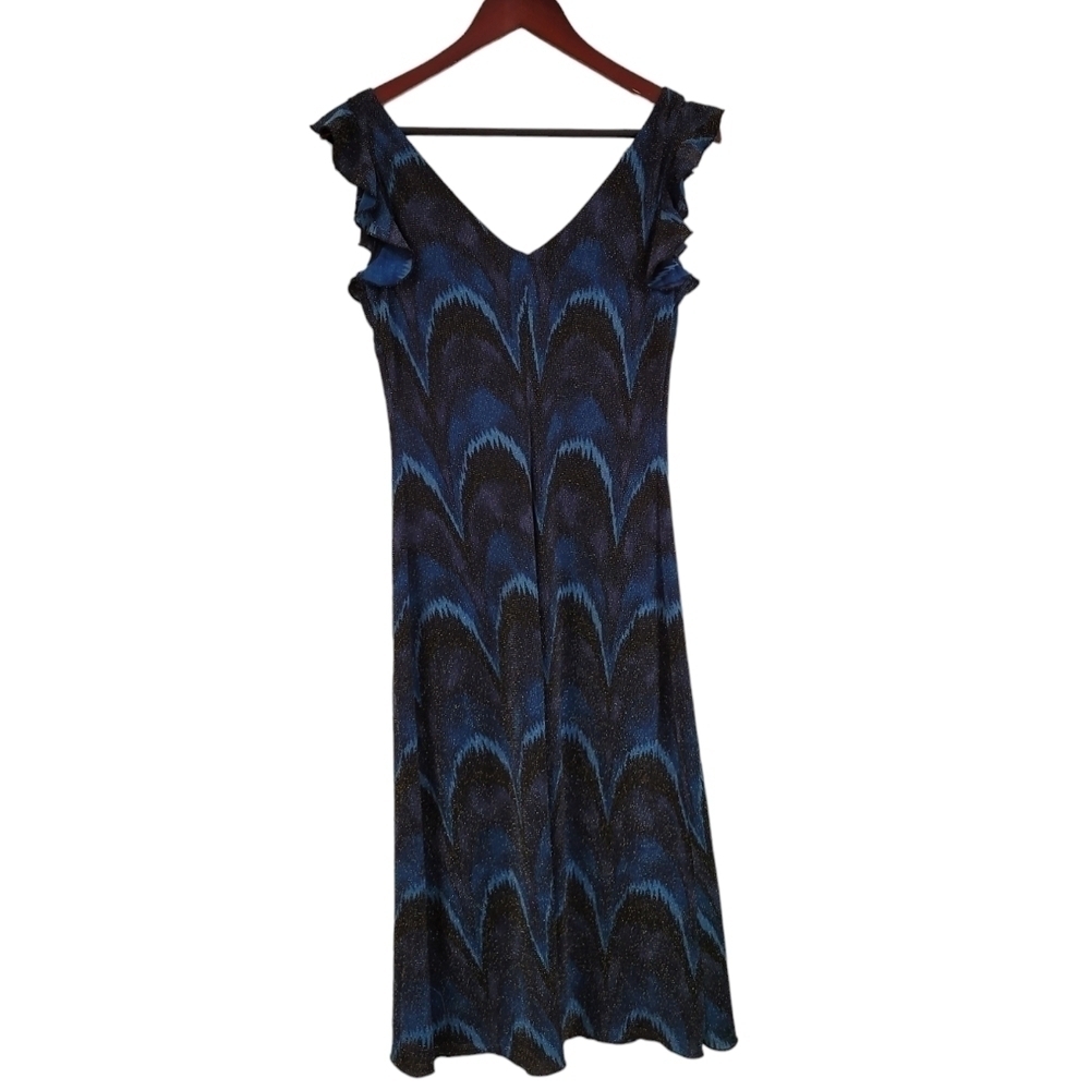 Vintage 90's La Belle Turquoise Black Sparkle Ruffle Bodycon Midi Dress Medium M
